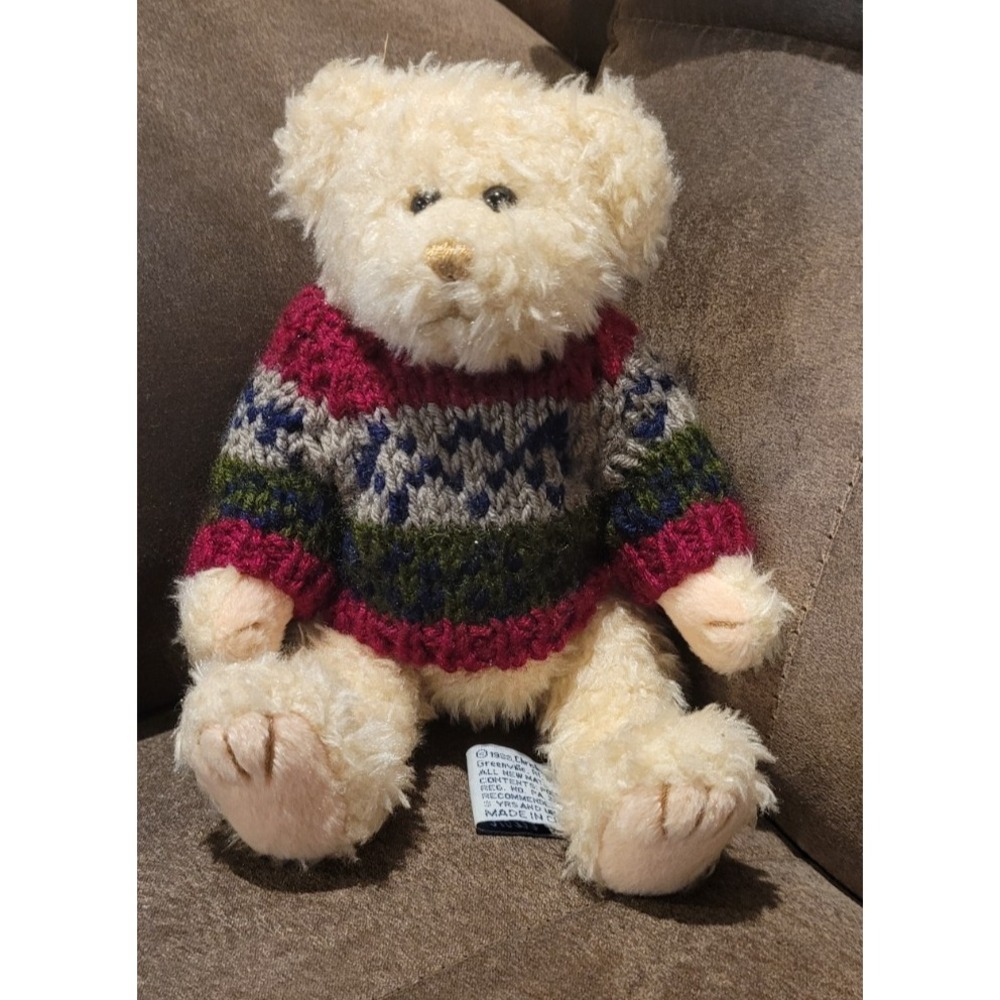 Chrisha 1988 Playful Plush Tan Bear Wearing a Red Gray and Green Sweater